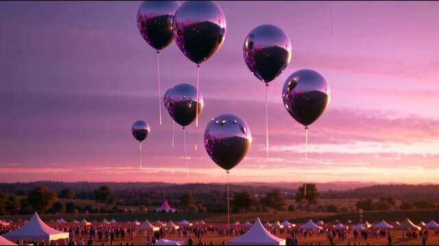 Silver metallic helium balloons floating above festival crowd at sunset