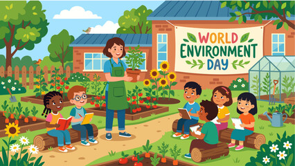 Fototapeta premium World Environment Day Education Vector Illustration with Kids Learning Gardening at School Green Garden