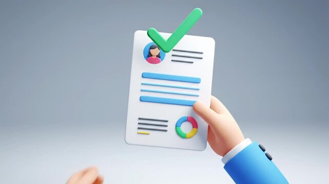 A pristine, professionally animated medium video features two cartoon hands from light blue sleeves presenting digital resume documents on a light grey background with a green checkmark indicating