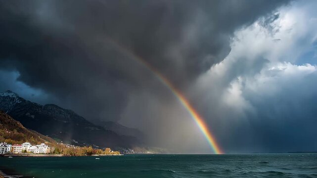 Dramatic rainbow appears during a powerful storm over a rocky coastline with crashing waves