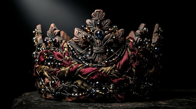 Rustic fantasy crown with ornate beadwork and red silk accents