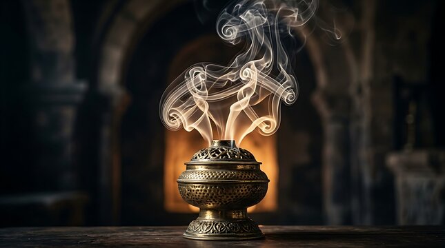 Golden smoke rising from an antique incense burner in a dark hall