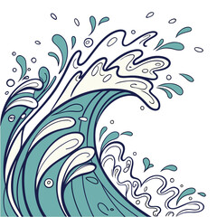 Fototapeta premium Stylized ocean wave with dynamic water splashes and swirling foam isolated on a white background abstract illustration
