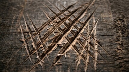 Scratched Wood Texture: A close-up view reveals the rugged texture of aged wood, deeply scored with crisscrossing scratches, showcasing its weathered surface and natural grain.
