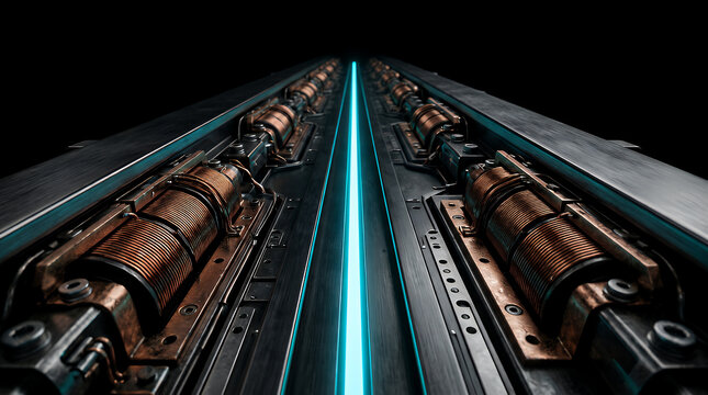 Electromagnetic coils align symmetrically along a central glowing neon channel to demonstrate advanced industrial power transmission systems within a high-tech manufacturing environment prototype.