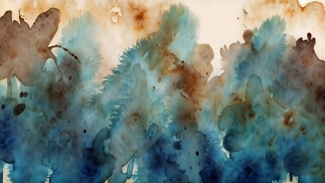 Animated abstract watercolor ink motion with flowing blue and brown splashes blending across textured paper. Creative artistic background for video, presentations, and digital design.