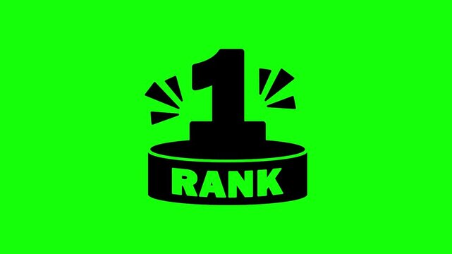 Animated 'RANK 1' graphic displaying top achievement and success, perfect for competitive results, gaming, or leaderboards on a green screen background.