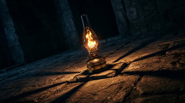 Antique oil lamp glowing on a rustic stone floor in a dark room