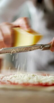 Close up of woman hands preparing pizza in kitchen