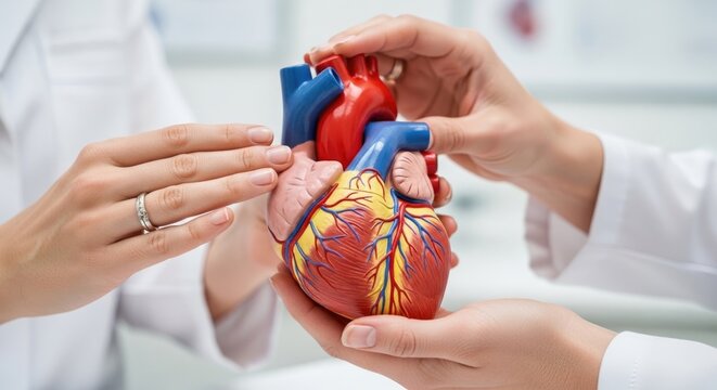 Medical professionals examining a heart model, symbolizing heart health, disease prevention, and cardiac treatment support, emphasizing cardiovascular well-being and care