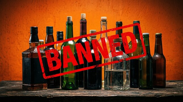 Dramatic prohibition message on multiple alcohol bottles, starkly indicating a ban on alcoholic beverages