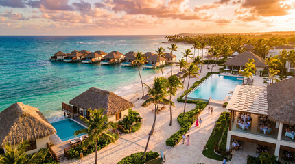Naklejka premium A tropical paradise resort at sunset, with overwater bungalows, a pristine beach, and a swimming pool 