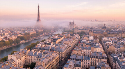 Obraz premium Parisian cityscape at dawn, with the Eiffel Tower visible in the distance