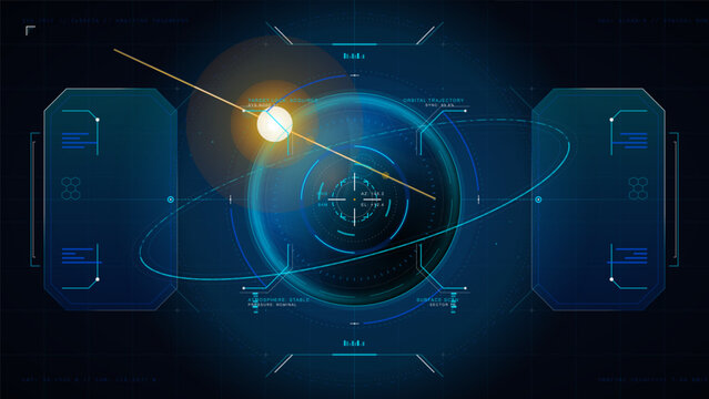 Futuristic orbital HUD interface with glowing blue planet scan, trajectory rings, target lock markers, side panels, and dark grid background