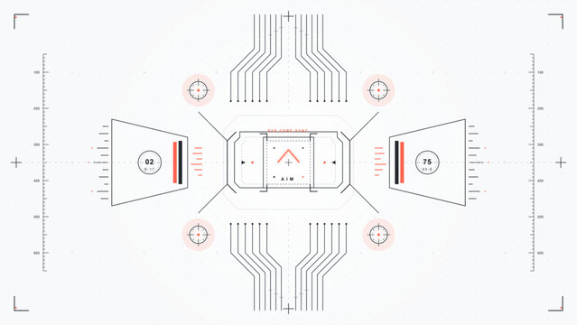 Clean futuristic targeting HUD interface with circuit line arrays, central aim reticle, side gauge panels, scale rulers and red accents on white grid