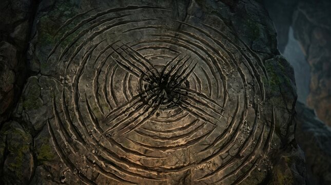 Ancient rock carving: A close-up view of an ancient circular rock carving with radial lines, possibly a symbol or a form of primitive art, weathered by time and set in a natural rock formation.
