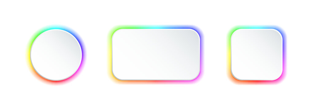 Raibbow neomorphism glowing radial gradient frame pack. Blurry RGB spectrum buttons. Soft gradient color 3D wheel isolated on white background. Square, rectangle and round frames. Vector illustration