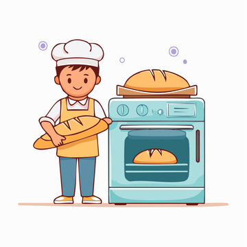 Baker with Freshly Baked Bread and Oven