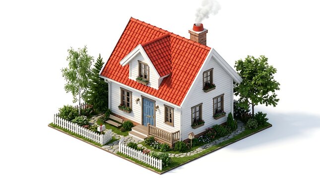 Isometric 3d render of a small white cottage with a red tiled roof