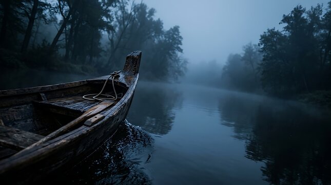 Wooden boat floating on a calm foggy river at dawn