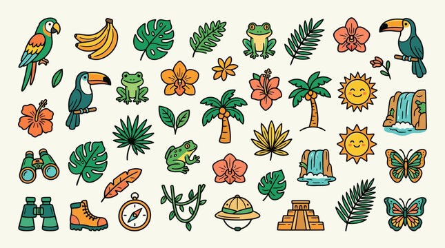 Tropical icons and travel symbols.