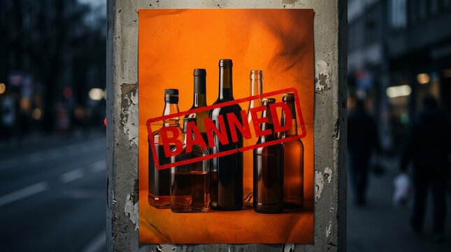 Alcohol Ban Poster Showing Multiple Bottles and Red Stamp