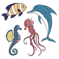 Set of cute cartoon marine animals including fish and dolphin with sea life seahorse underwater wildlife character © Rayhan