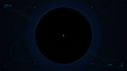 Dark futuristic HUD background with large black circular eclipse, subtle orbit lines, cyan system markers, grid, and minimal data interface accents. © Антон Сальников