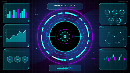 Fototapeta na wymiar Futuristic HUD core dashboard with glowing cyan and purple circular scanner, global monitoring panels, charts, network graph, and dark grid interface