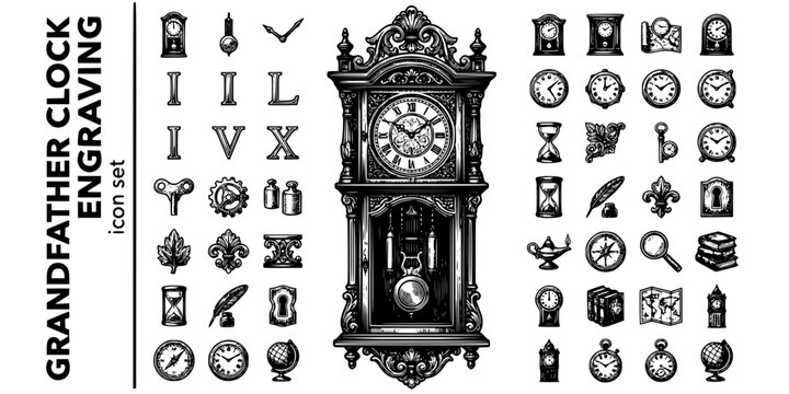 Grandfather Clock Engraving Black White-Pendulum Roman Numeral Carved-Antique Furniture Vector-Clock Icon Engraving-Furniture Design Set