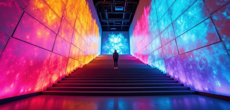 Person stands on dark staircase in room illuminated by bright led panels. Walls display abstract colorful patterns of orange blue and pink light. Modern art installation.