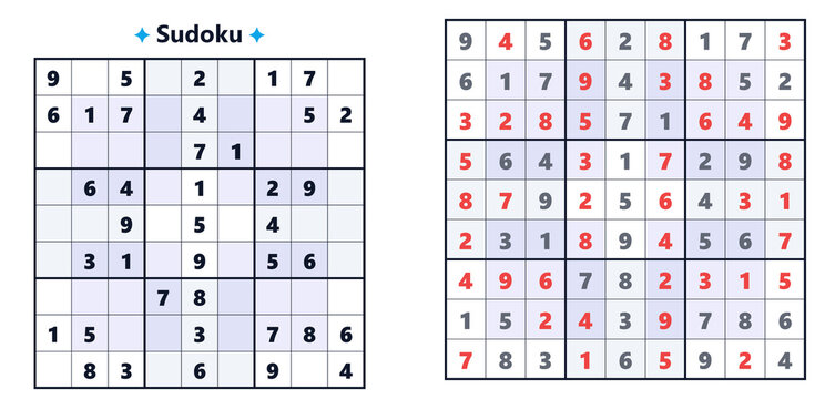 Sudoku puzzle with empty grid and completed solution displayed  