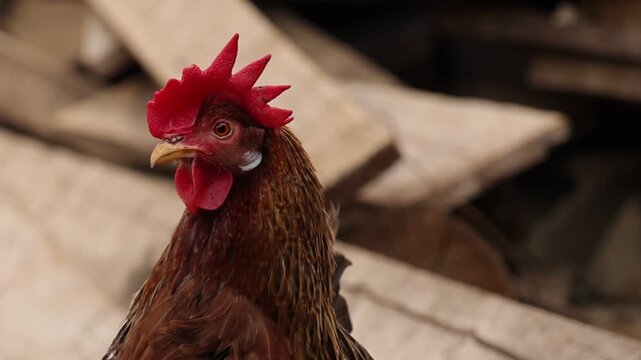 Close up video of a brown rooster observing its surroundings in a rustic farm environment, showing detailed feathers, bright red comb and natural poultry behavior in soft daylight.