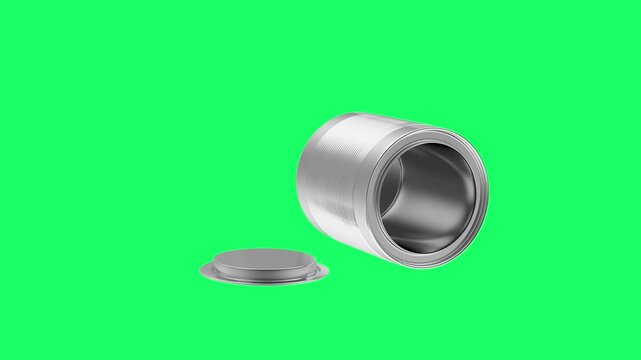 Open empty silver metal can with lid removed rotating on green background, 3D rendering, 3D animation