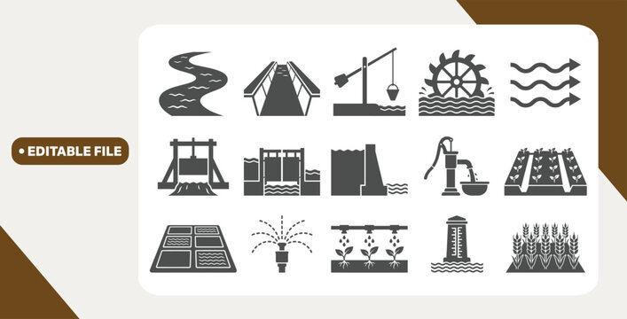 Water management and irrigation icons arranged in grid on white