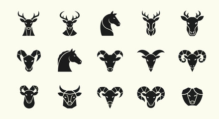 Fototapeta premium Set of Animal Head Icons: Deer, Horse, Ram, Bull, Goat - Vector Graphics