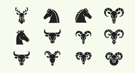 Fototapeta premium Set of Animal Head Icons: Deer, Horse, Bull, Ram, Goat - Silhouette Graphics