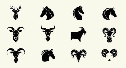 Fototapeta premium Set of Animal Head Silhouettes: Deer, Horse, Goat, Ram, Bull Icons