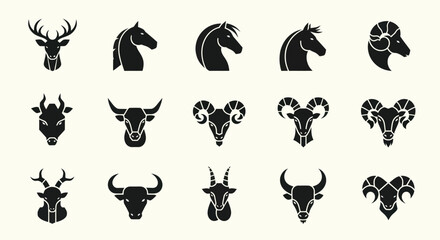 Fototapeta premium Set of Animal Head Silhouettes: Deer, Horse, Ram, Bull, Goat Icons