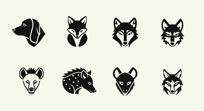 Set of Animal Head Icons: Dog, Fox, Wolf, Hyena, Dingo, Jackal, Coyote
