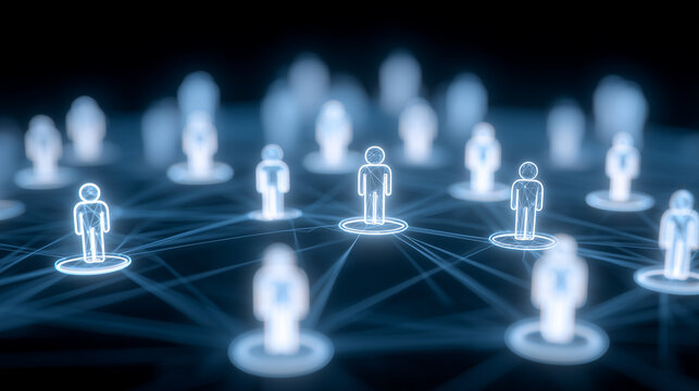 Human icons connected across a digital network, representing online community, workforce collaboration, social communication, and distributed team management.
