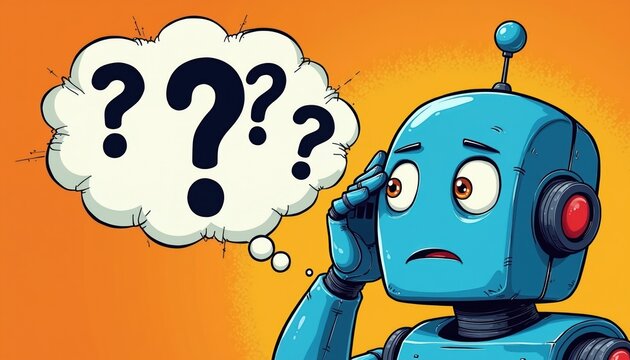 Blue robot cartoon character has many questions. It holds its head with hand, thinking hard about problem. Robot has thought bubble with question marks above it.