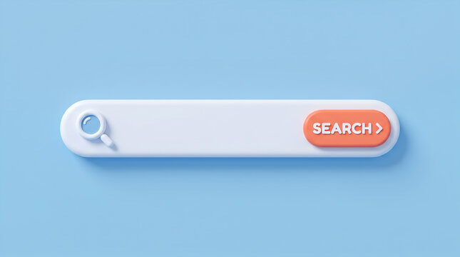 3D minimalist white search bar with orange button on pastel blue background