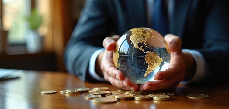 Hands hold glass globe with golden continents over scattered coins. Man in suit plans global financial strategy. Business concept for investment growth.