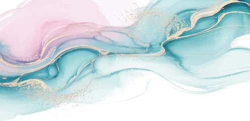 Abstract Alcohol Ink Background with Pink and Turquoise Waves, Metallic Gold Veins and Glitter Luxury Texture for Wedding and Branding Design © Vctor Studio photos
