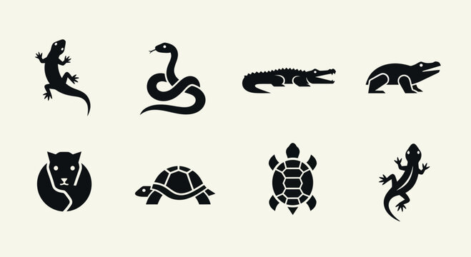 Reptile Icons Set: Lizard, Snake, Crocodile, Alligator, Turtle, Panther