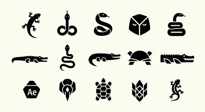 Reptile Icons Set: Lizard, Snake, Crocodile, Turtle, Abstract Shapes