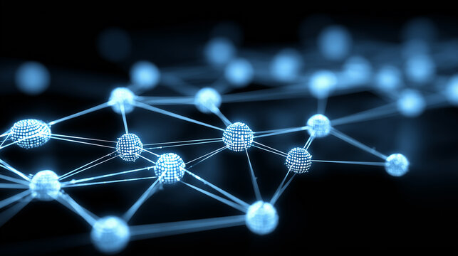 Glowing connected spheres form a digital network, representing data exchange, communication infrastructure, blockchain systems, and global connectivity.

