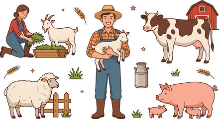 Happy Farmers and Domestic Livestock Animals Vector Set Featuring Cow Pig Sheep Goat Red Barn and Wheat Illustrations for Agriculture and Countryside Designs © MstRabeya