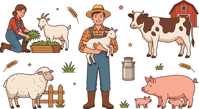 Happy Farmers and Domestic Livestock Animals Vector Set Featuring Cow Pig Sheep Goat Red Barn and Wheat Illustrations for Agriculture and Countryside Designs